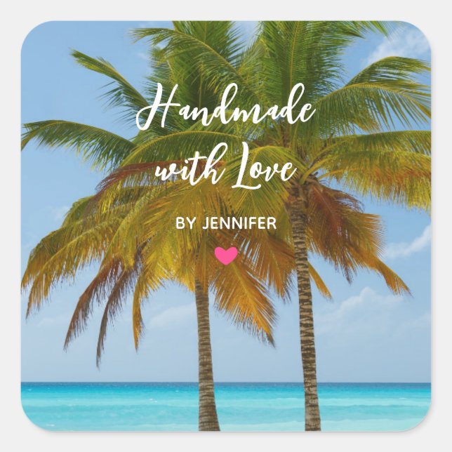 Pegatina Cuadrada Hechos a mano con palmeras de amor en una playa tr (Anverso)