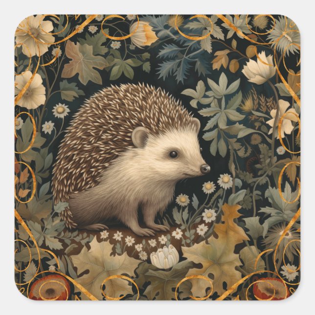 Pegatina Cuadrada Hedgehog al estilo del bosque William Morris (Anverso)