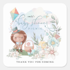 Pegatina Cuadrada Hedgehog Boy Baby Shower Picnic Florals Gracias