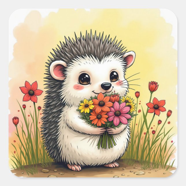 Pegatina Cuadrada Hedgehog Con Bouquet De Flores (Anverso)