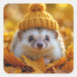Pegatina Cuadrada Hedgehog En Hojas De Otoño