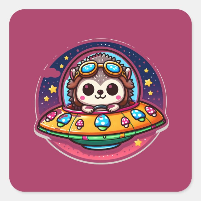 Pegatina Cuadrada Hedgehog espacial UFO (Anverso)