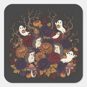 Pegatina Cuadrada hedgehog halloween atormentado bosque