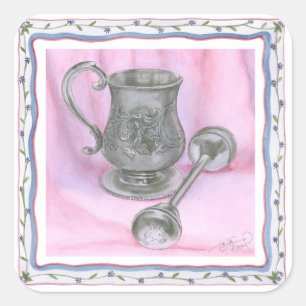 Pegatina Cuadrada Heirloom Cup y Rattle con fondo morado