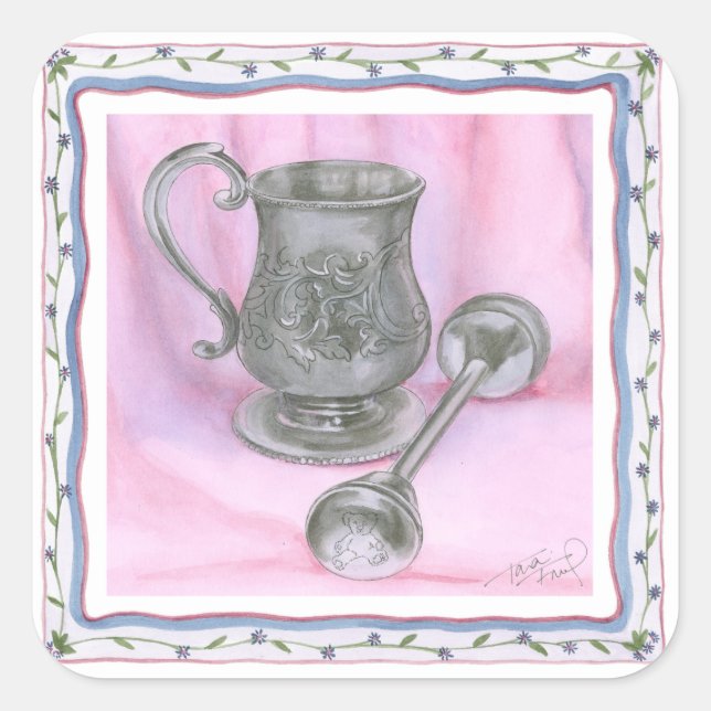 Pegatina Cuadrada Heirloom Cup y Rattle con fondo morado (Anverso)