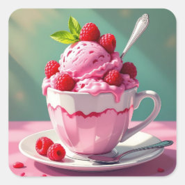 Pegatina Cuadrada Helado de frambuesa en una copa de café rosa
