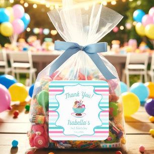 Pegatina Cuadrada Helado de Sundae de Acuarela Cumpleaños
