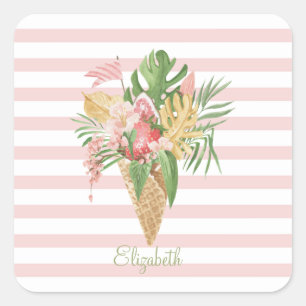 Pegatina Cuadrada Helado,Hojas Tropicales Fruta,Rayas Rosadas