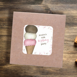 Pegatina Cuadrada Helado Personalizado de Favor para Fiesta de Cumpl