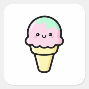 Pegatina Cuadrada Helado Sonriente – Ilustración Kawaii Adorable