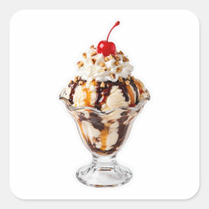 Pegatina Cuadrada Helado Sundae con Cereza Encima