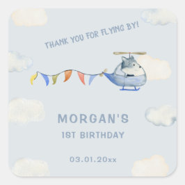 Pegatina Cuadrada Helicóptero Azul Cute Wolf Primer cumpleaños