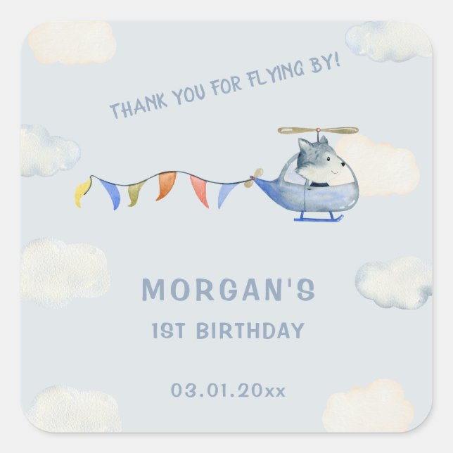 Pegatina Cuadrada Helicóptero Azul Cute Wolf Primer cumpleaños (Anverso)