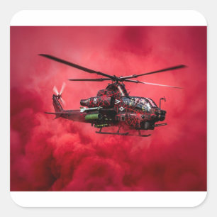 Pegatina Cuadrada Helicóptero de combate volando sobre llamas masiva