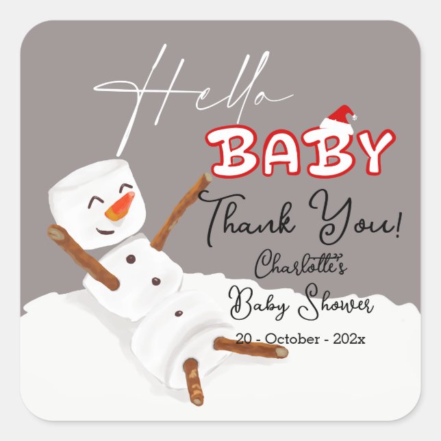 Pegatina Cuadrada Hello Baby Cute Snowman Baby Shower (Anverso)