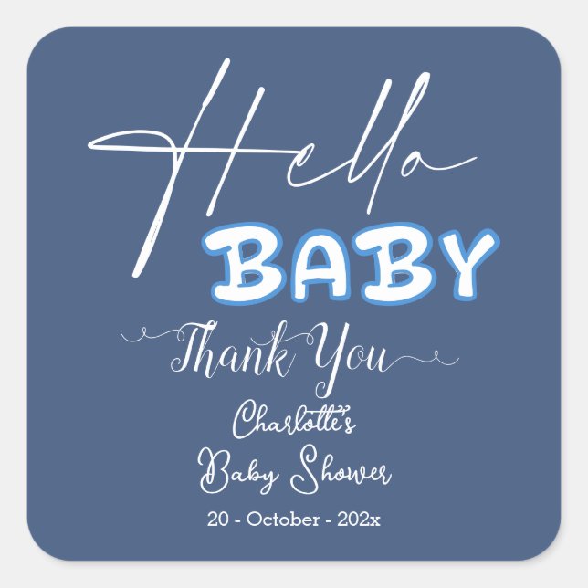Pegatina Cuadrada Hello Baby Elegant Dark Blue Baby Shower (Anverso)
