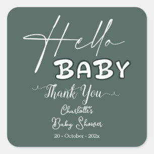 Pegatina Cuadrada Hello Baby Elegant Dark Green Baby Shower
