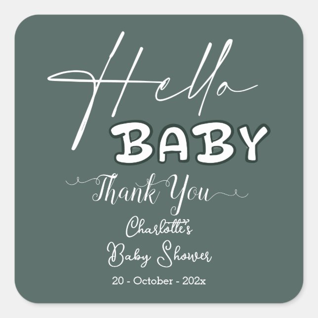 Pegatina Cuadrada Hello Baby Elegant Dark Green Baby Shower (Anverso)