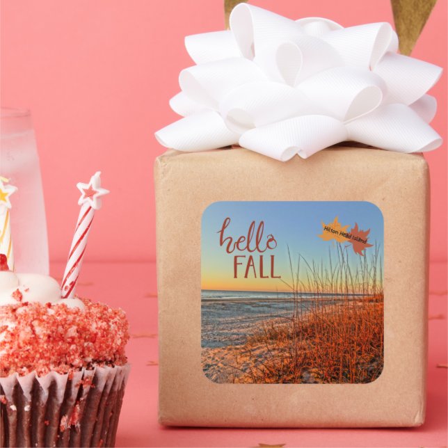 Pegatina Cuadrada Hello Fall Hilton Head Island Beach South Carolina (Fiesta)