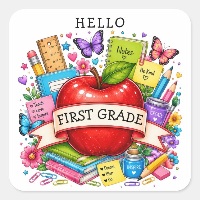 Pegatina Cuadrada Hello First Grade Retro Apple (Anverso)