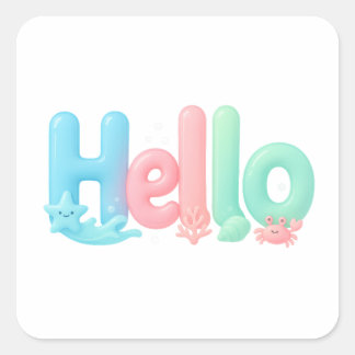 Pegatina Cuadrada Hello Glossy Pastel Ocean Text