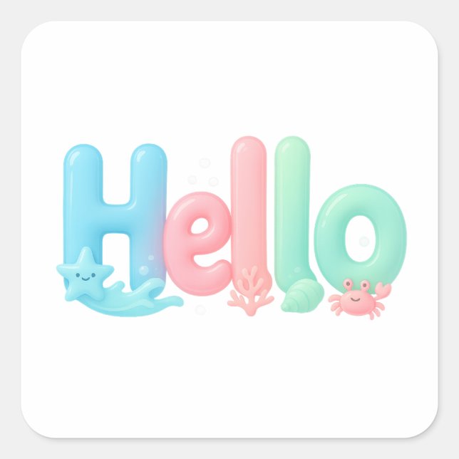 Pegatina Cuadrada Hello Glossy Pastel Ocean Text (Anverso)