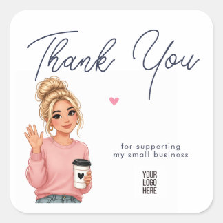Pegatina Cuadrada Hello Lady Round Thank You Sticker | Cute Woman 