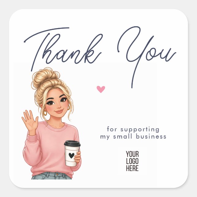 Pegatina Cuadrada Hello Lady Round Thank You Sticker | Cute Woman  (Anverso)