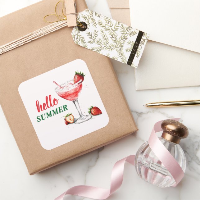 Pegatina Cuadrada Hello Summer | Strawberry Cocktail Sticker (Regalar)