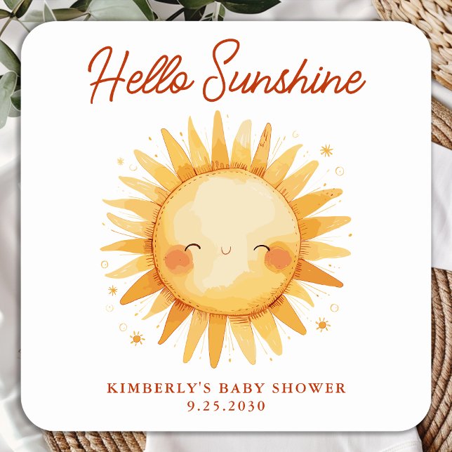 Pegatina Cuadrada Hello Sunshine Boho Cute Sun Thank You Baby Shower (Subido por el creador)