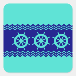 Pegatina Cuadrada Helm Nautical Coastal Turquoise Blue Stripe