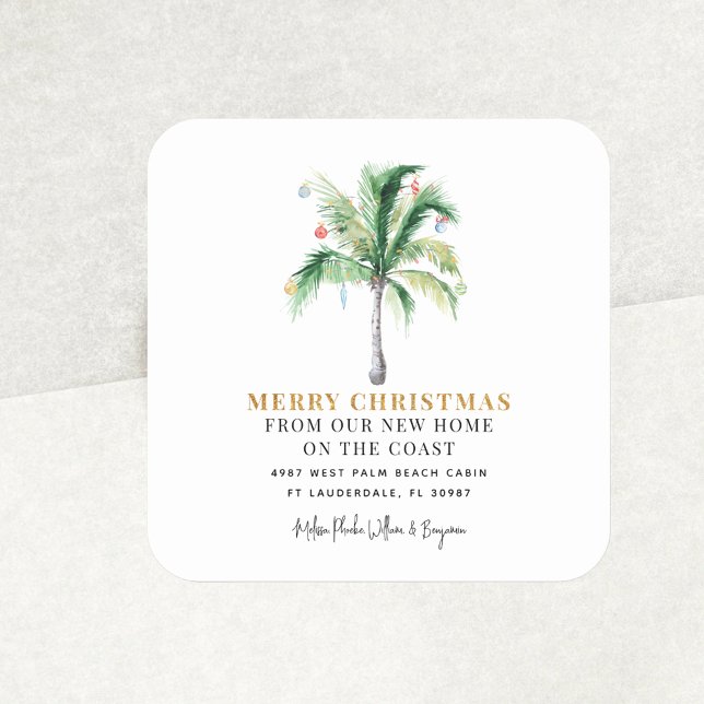 Pegatina Cuadrada Hemos mudado Navidades vacaciones Palm Tree movién (Christmas Moving Announcement Coastal Square Sticker)