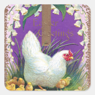 Pegatina Cuadrada Hen, Chicks y Pascua Vintage