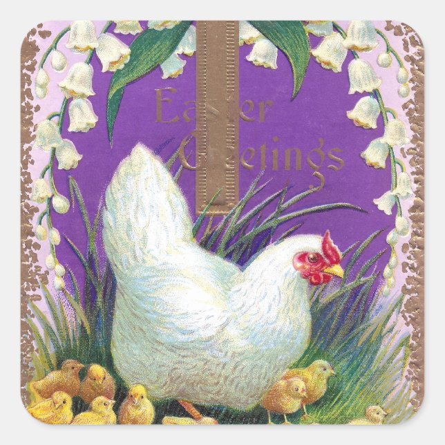 Pegatina Cuadrada Hen, Chicks y Pascua Vintage (Anverso)