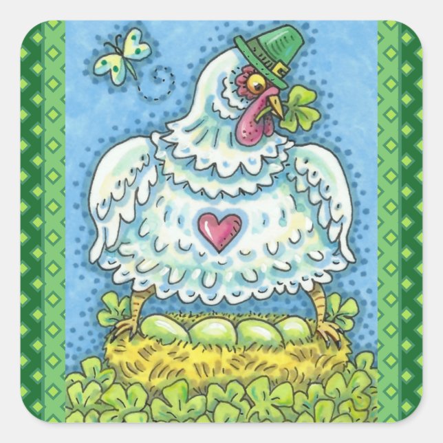 PEGATINA CUADRADA HENES IRLANDESES DIVERSOS, HUEVOS VERDES Y SOMBROC (Anverso)