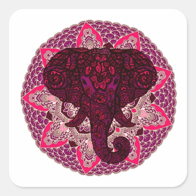 Pegatina Cuadrada Henna Elephant Head Mandala Pink Mehndi Tattoo (Anverso)