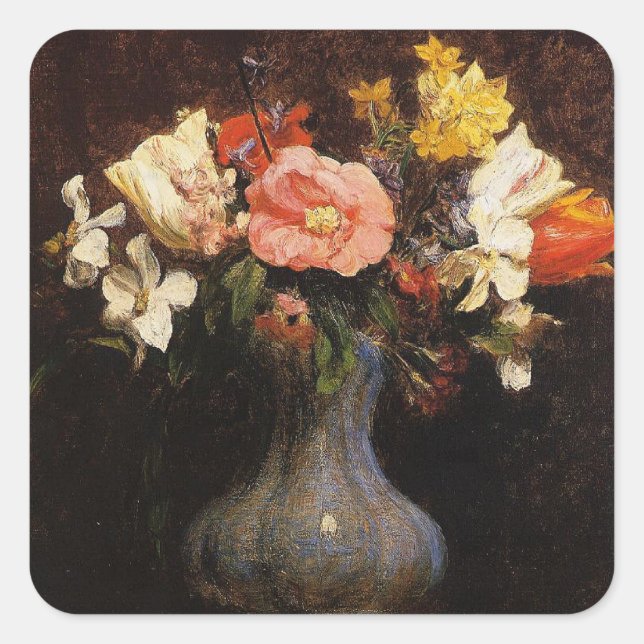 Pegatina Cuadrada Henri Fantin-Latour, Flores, Camelias, Tulipanes (Anverso)