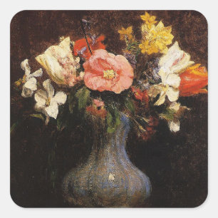 Pegatina Cuadrada Henri Fantin-Latour, Flores, Camelias, Tulipanes
