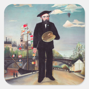 Pegatina Cuadrada Henri Rousseau - Autorretrato-Paisaje