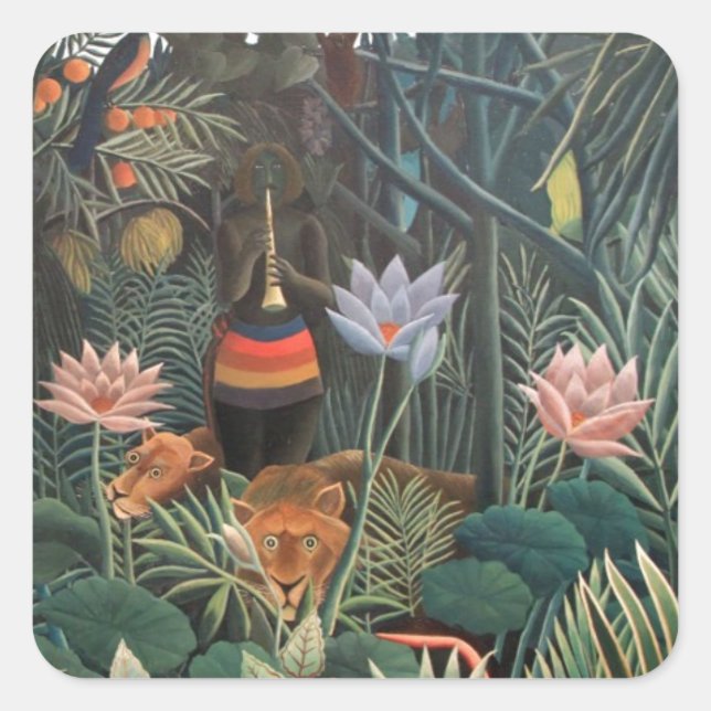 Pegatina Cuadrada Henri Rousseau El arte naïf de la jungla de ensueñ (Anverso)