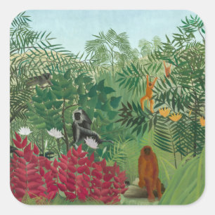 Pegatina Cuadrada Henri Rousseau - Selva Tropical con Monos