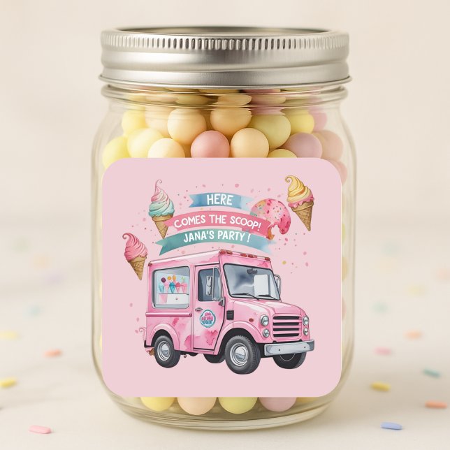 Pegatina Cuadrada Here Comes the Scoop! Pink Ice Cream Truck  (Subido por el creador)