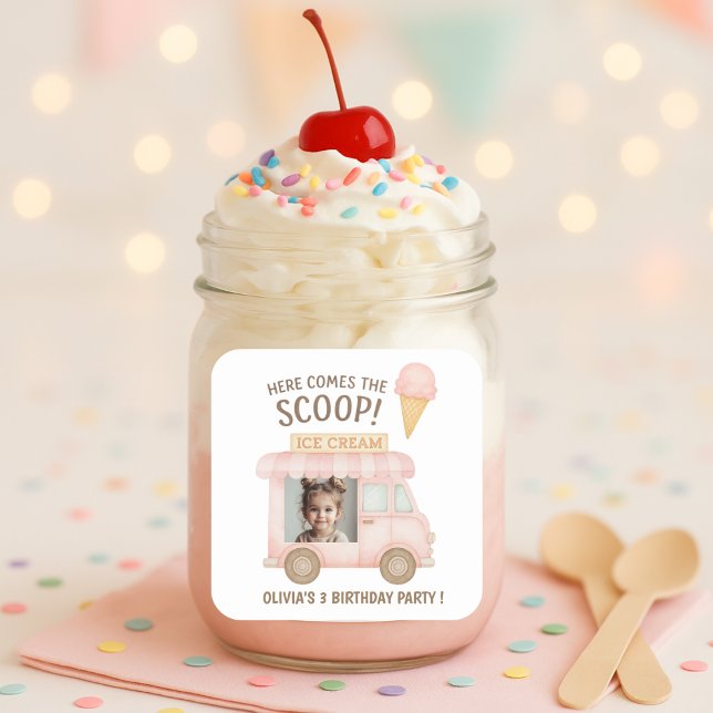 Pegatina Cuadrada Here Comes the Scoop! | Pink Ice Cream Truck Photo (Subido por el creador)