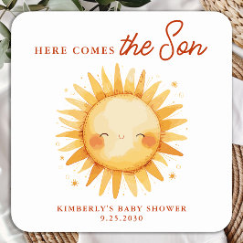 Pegatina Cuadrada Here Comes The Son Boho Sunshine Cute Baby Shower
