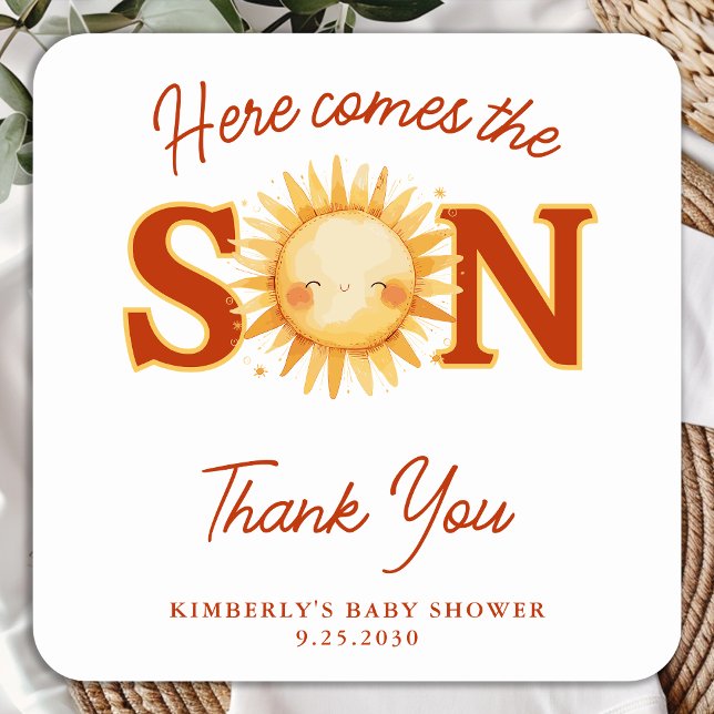Pegatina Cuadrada Here Comes The Son Sunshine Boho Cute Baby Shower (Subido por el creador)
