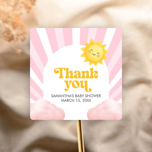 Pegatina Cuadrada Here Comes the Sun Baby Shower (Sunshine Baby Shower Sticker)