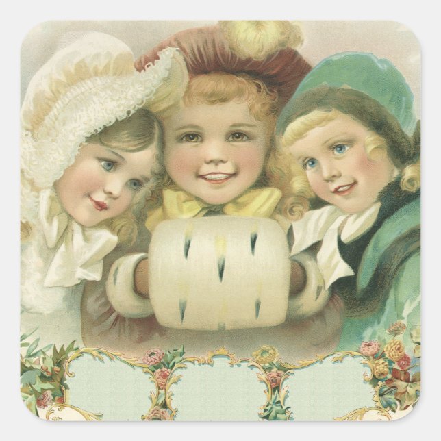 Pegatina Cuadrada Hermanas de Navidad de época, niños victorianos (Anverso)