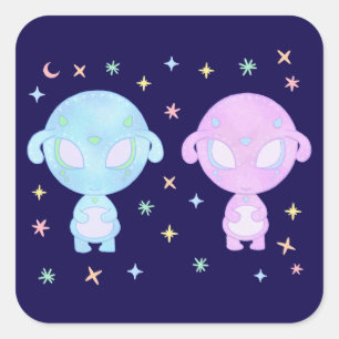 Pegatina Cuadrada Hermanas Gemelas Alien Pasel Arte Kawaii Cósmico