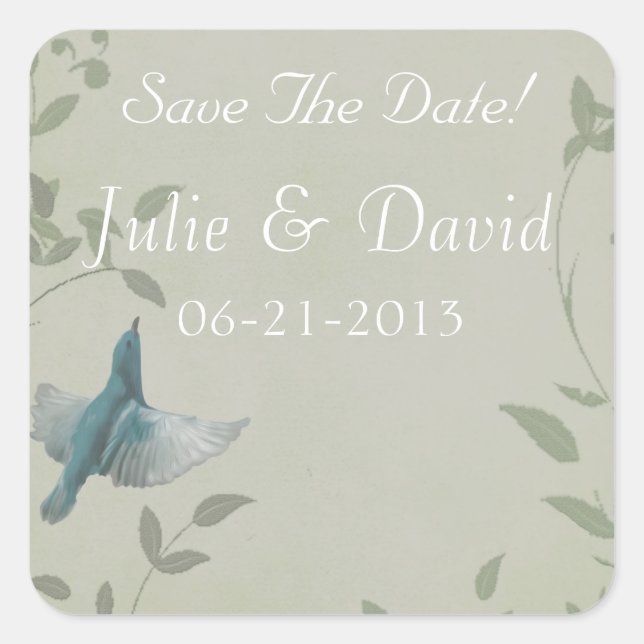 Pegatina Cuadrada Hermosa Boda De Pájaro Azul Salva La Fecha (Anverso)