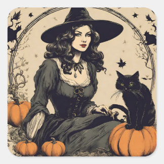 Pegatina Cuadrada Hermosa bruja de Halloween de época con gato negro